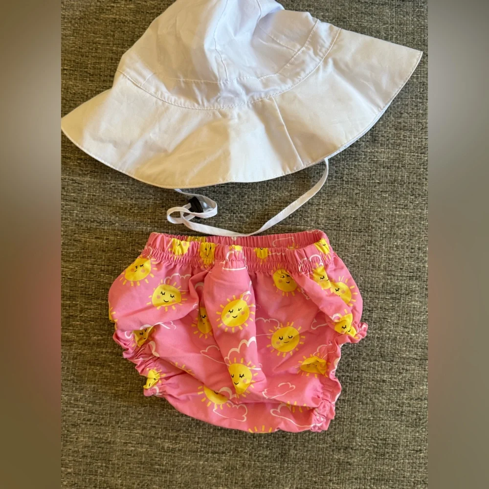 Pottery Barn Kids Pink Sun Bloomers & White Bow Sun Hat Set